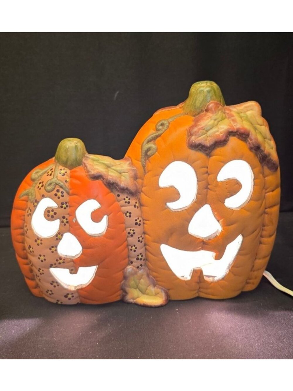 Vintage Double-Sided Pumpkin Jack-O-Lantern Light-Up Halloween Ceramic Decor